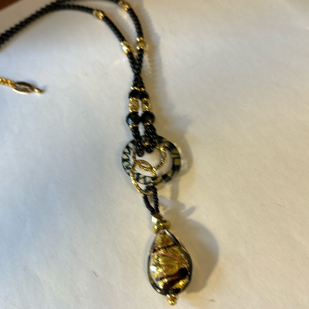 Rare Una Alla Volta Necklace dichroic glass pendant black and gold beads 20”